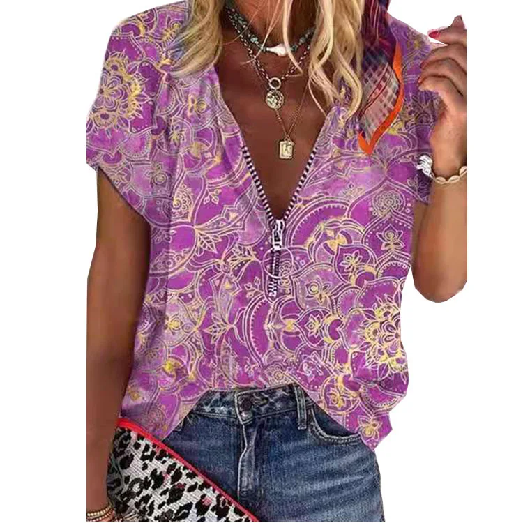 

2021 Summer New Women Fashion Print Loose Zipper V-neck T-shirt Ladies Casual Short Sleeve Shirts Pullover Tops S-5XL