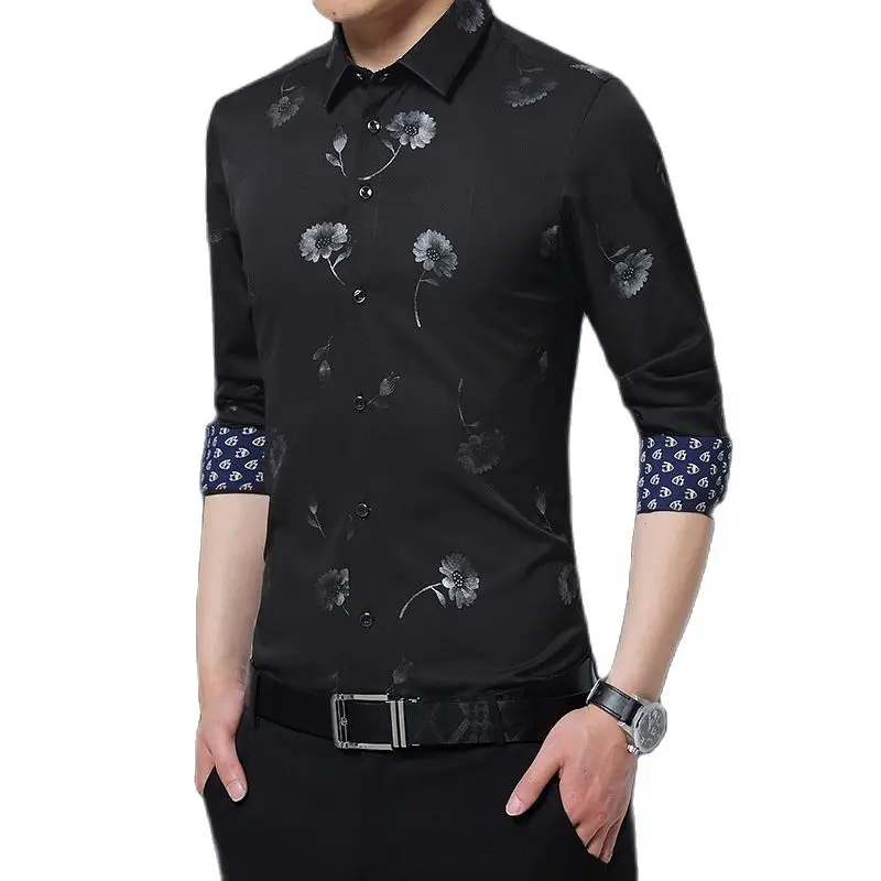 Рубашка мужская деловая с длинным рукавом модная одежда принтом черный синий