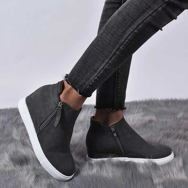 

2022 New Ladies Vulcanized Shoes Fashion Side Zipper Wedge Casual Sports Shoes Round Toe Mid-heel Inner Increase Women's Shoes