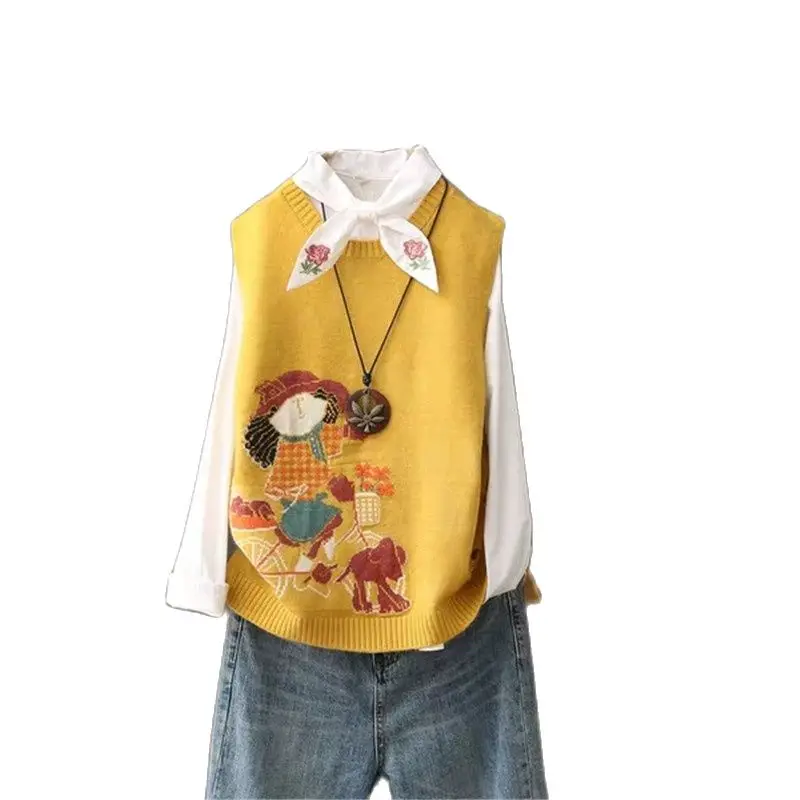 

Sweet Ladies Cartoon Biker Girl Vest Embroidered Oversized Korean Sweater Vest Split Hole Red Black Pink Yellow Beige Colors