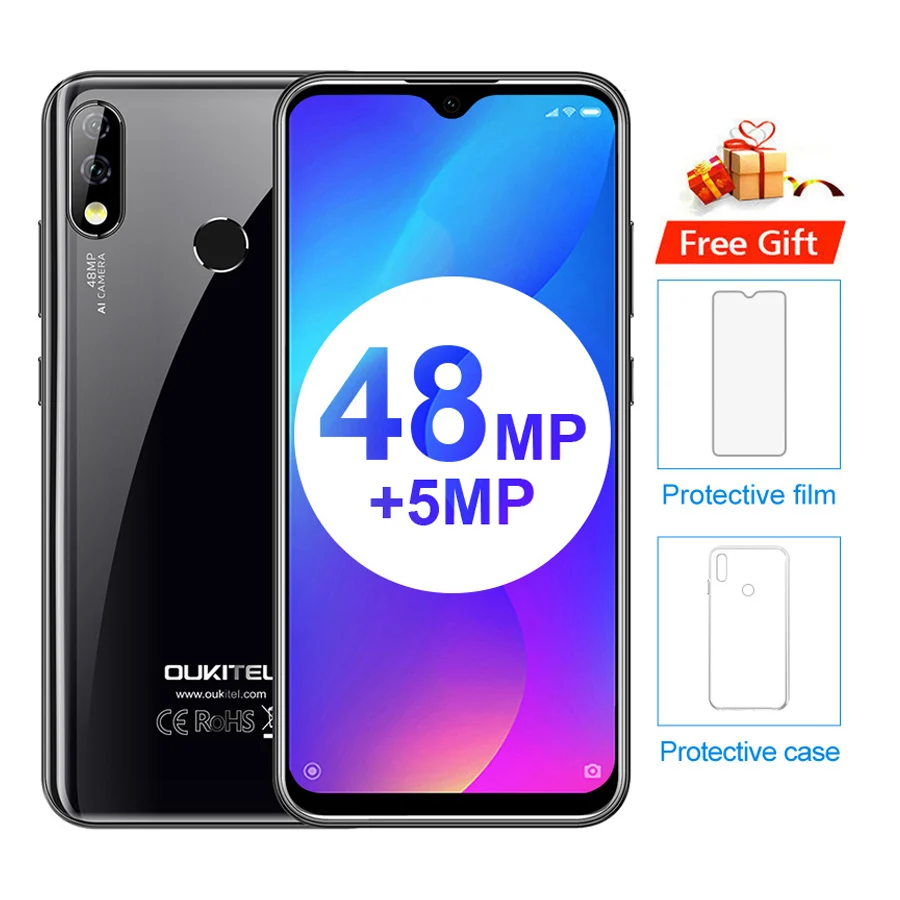 OUKITEL Y4800 6," FHD+ капля Android 9,0 Pie 6GB 128GB смартфон с отпечатком пальца 4G 4000mAh 9 V/2A Быстрая зарядка мобильный телефон - Цвет: Black