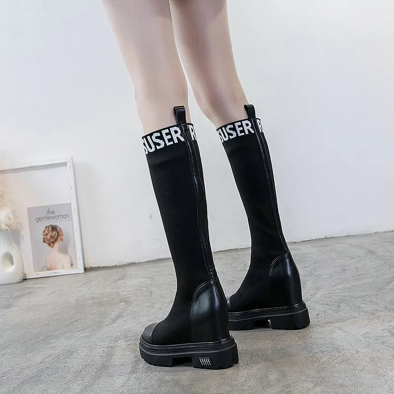 Mid-calf Эластичные сапоги выше колена женские носки черные сапоги высокие облегающие вязаные сапоги дизайнерские кроссовки на платформе - Цвет: Mid-calf