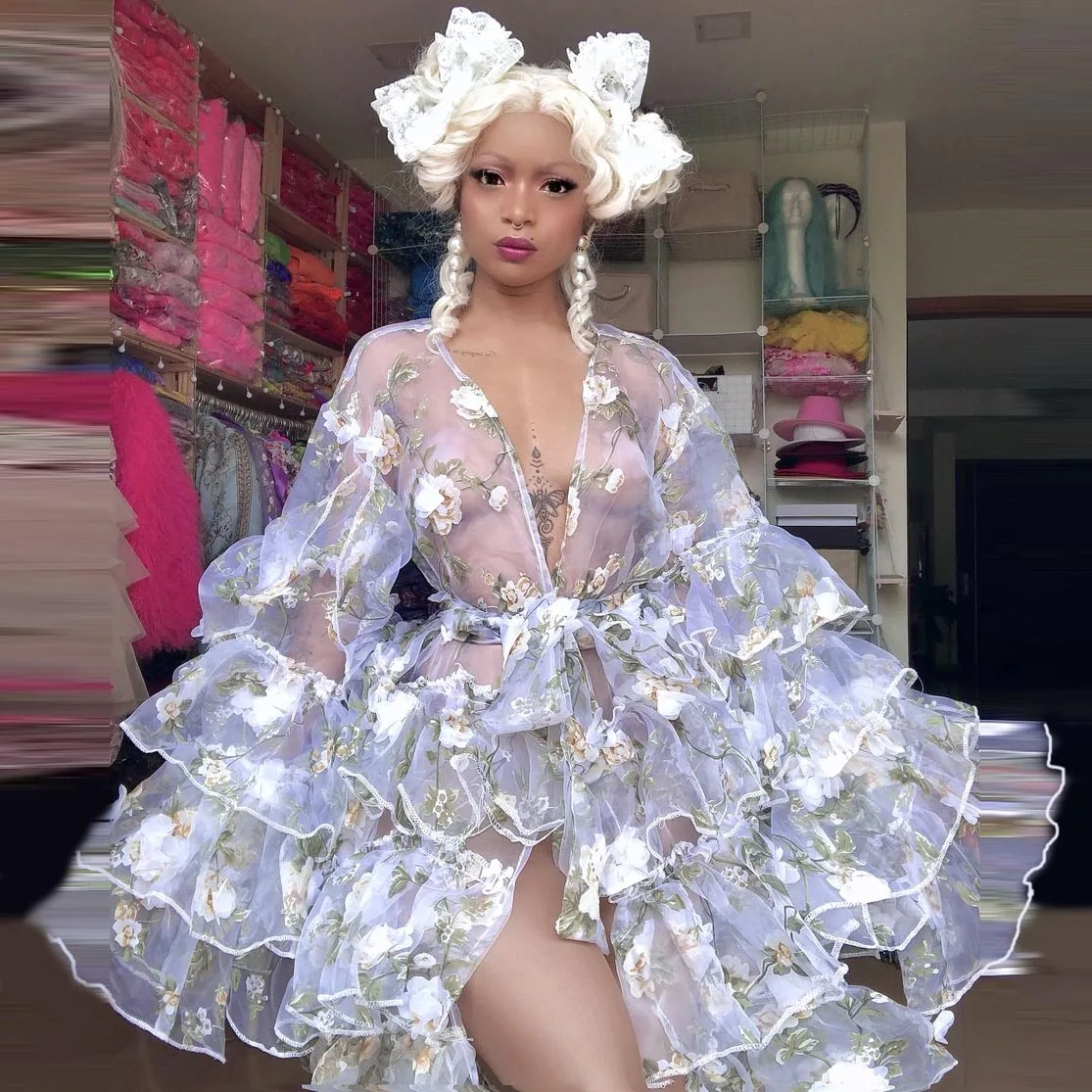 

Girl Cream Transparent Ruffled Floral Print Duster Dress Ruffles Mini Dress Maternity Robe For Photoshoot Ruffles Custom Made
