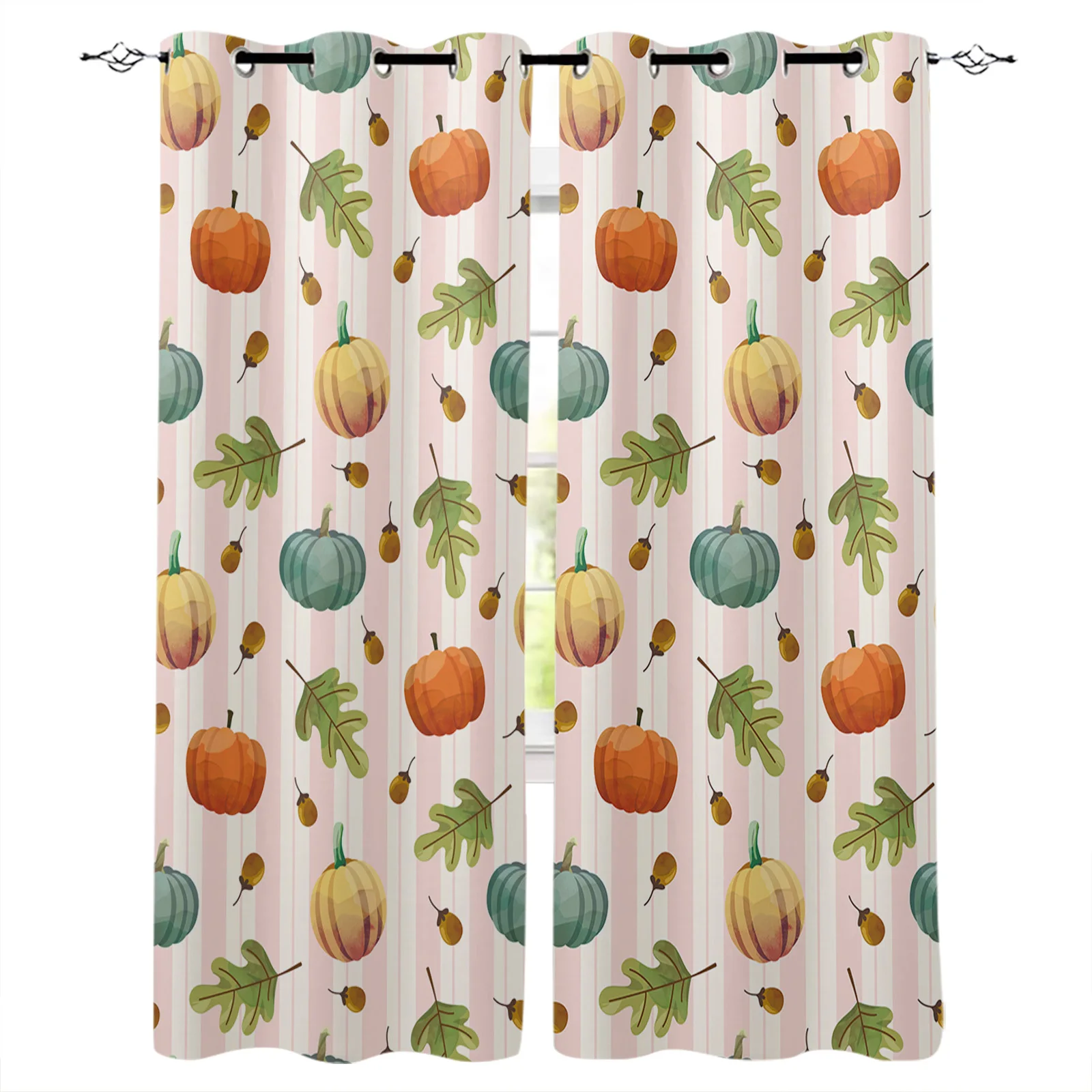 Осенние плотные шторы в полоску с изображением тыквы и листьев для спальни