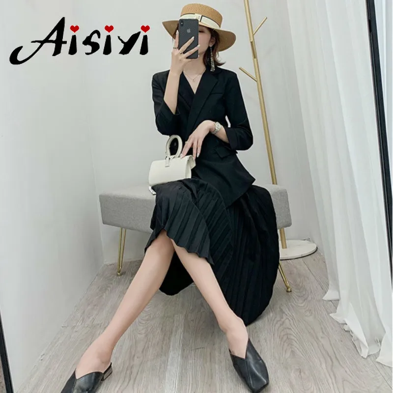 Женское винтажное плиссированное платье блейзер элегантное офисное с длинным