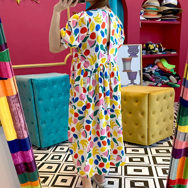 SHENGPALAE 2021 New Summer Women Vintage Loose High Waist Slim Was Thin Elegant Fruit Printing Big Swing Maxi Dress ZA4803 | Женская