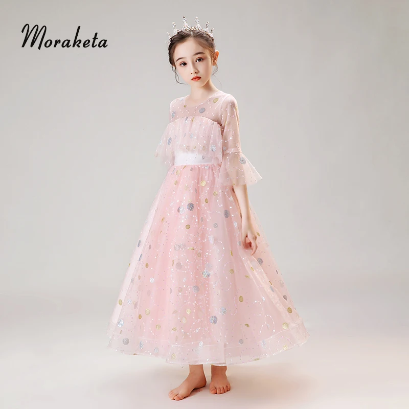 

Розовые длинные вечерние платья для девочек 2020, элегантное бальное платье из тюля для девочек длиной до щиколотки с блестками и круглым выр...