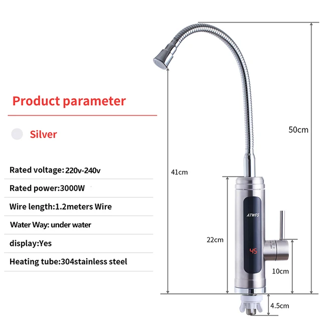 ATWFS Instant Water Heater Faucet Tankless Heaters Kitchen Hot Water Tap Bathroom Heating Electric 220v Stainless Steel Shell 2