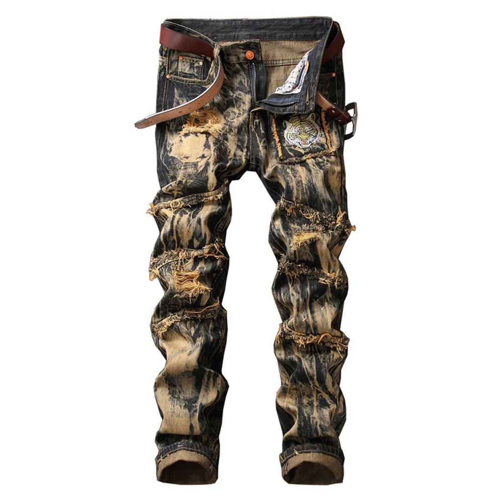 

Men's Vintage Tiger Embroidery Rippe Jeans Fashion Patchwork Slim Straight Deim Pants Tie and Dye Washed Trousers