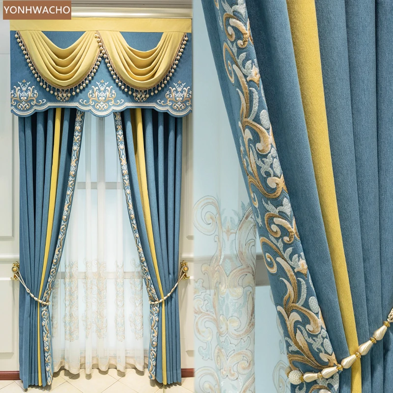 

Custom curtains living room European luxury blue chenille bedroom villa chenille cloth blackout curtain valance tulle drape C877