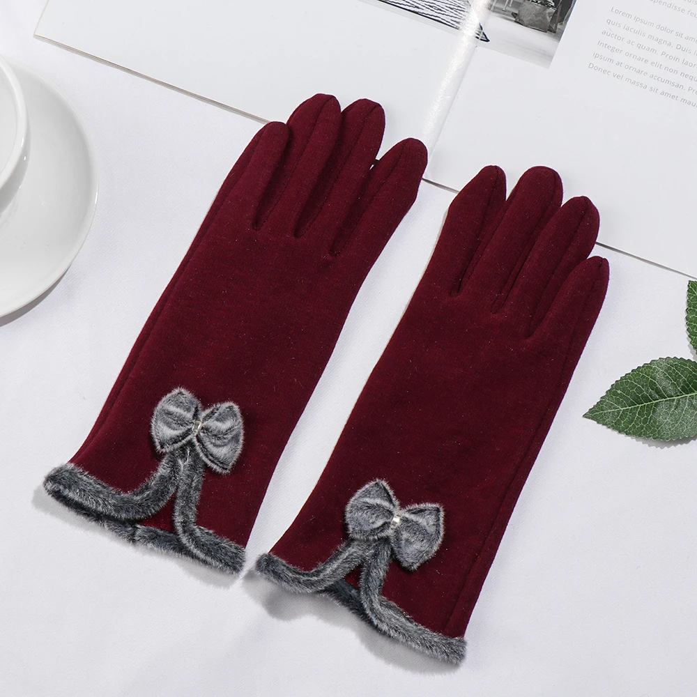 

Windproof New Female Autumn Winter Non-Inverted Velvet Cashmere Full Finger Warm Lace Gloves Women Cotton Gloves