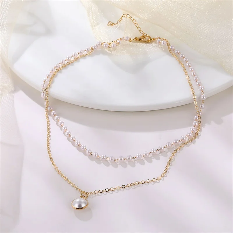 Vienkim 2021 New Double Layer Chain Gold Color Choker Necklace Women Korean Style Pearl Pendant Fashion Jewelry Collar |