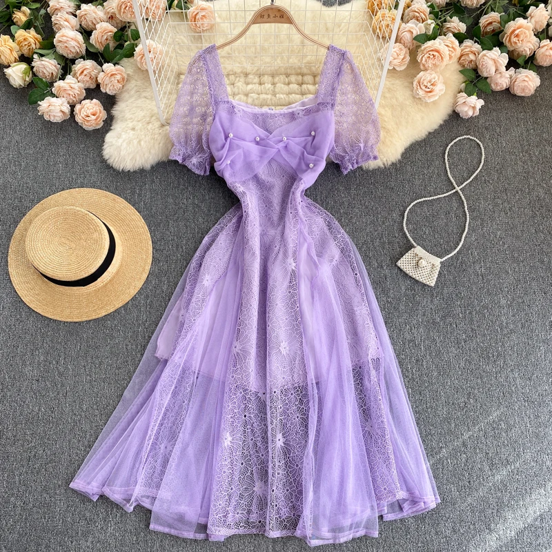 

Женское длинное Сетчатое платье, привлекательное облегающее платье с квадратным вырезом и пышными рукавами, лоскутное кружевное платье с б...