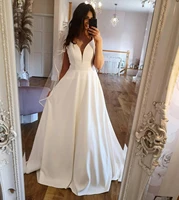 a line wedding dress 2021v neck white satin lace appliques bridal gown court train robe de marie bridal gown with pocket cheap