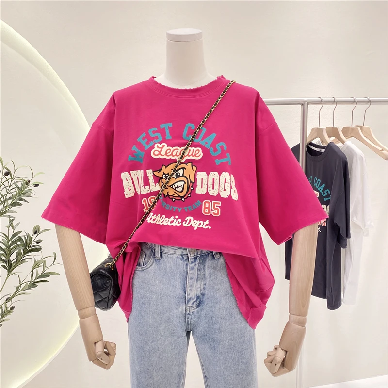 

2021 Summer Half Sleeve Female T-shirt Korean-Style Loose Bulldog Letter Print Basic Tee Cotton Short Sleeve Round Neck Top