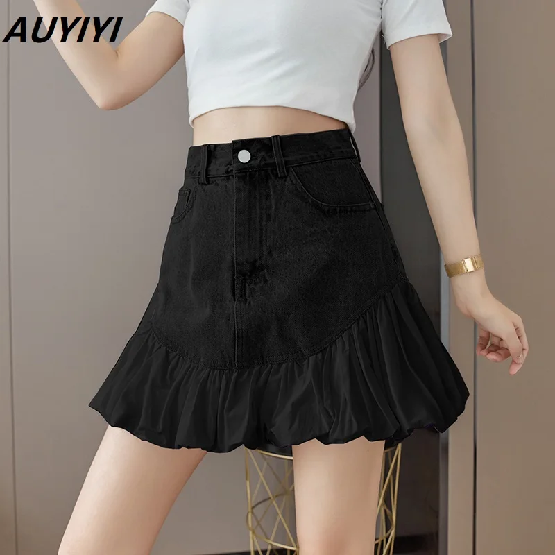 

AUYIYI 2021 Fashion Denim Stitching Flower Bud Puffy Skirt Summer New High-Waisted Thin A-Line Skirt Female