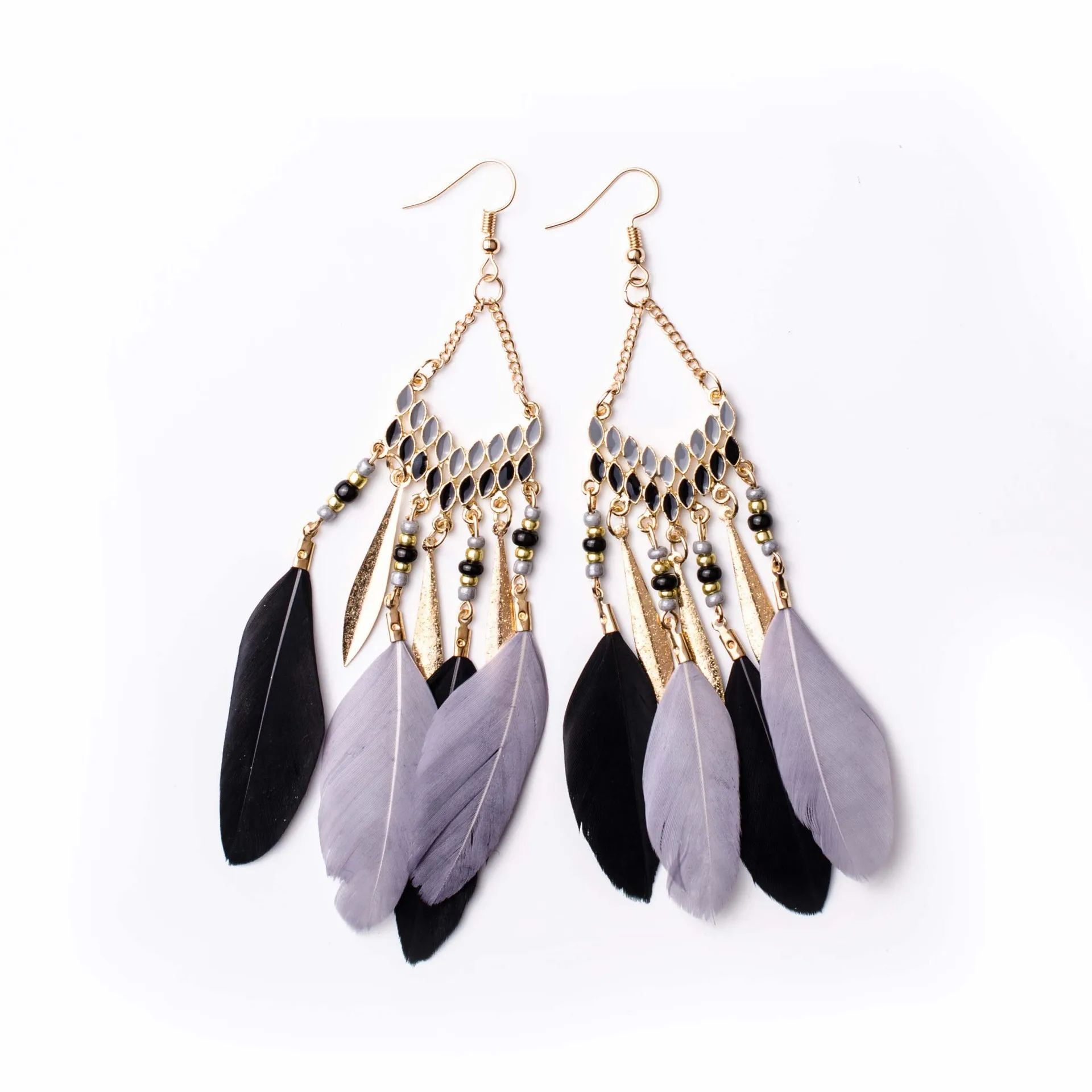 

Bohemian Feather Rice Bead Earrings Vintage Tassled Long Ear Ring Ear Stud