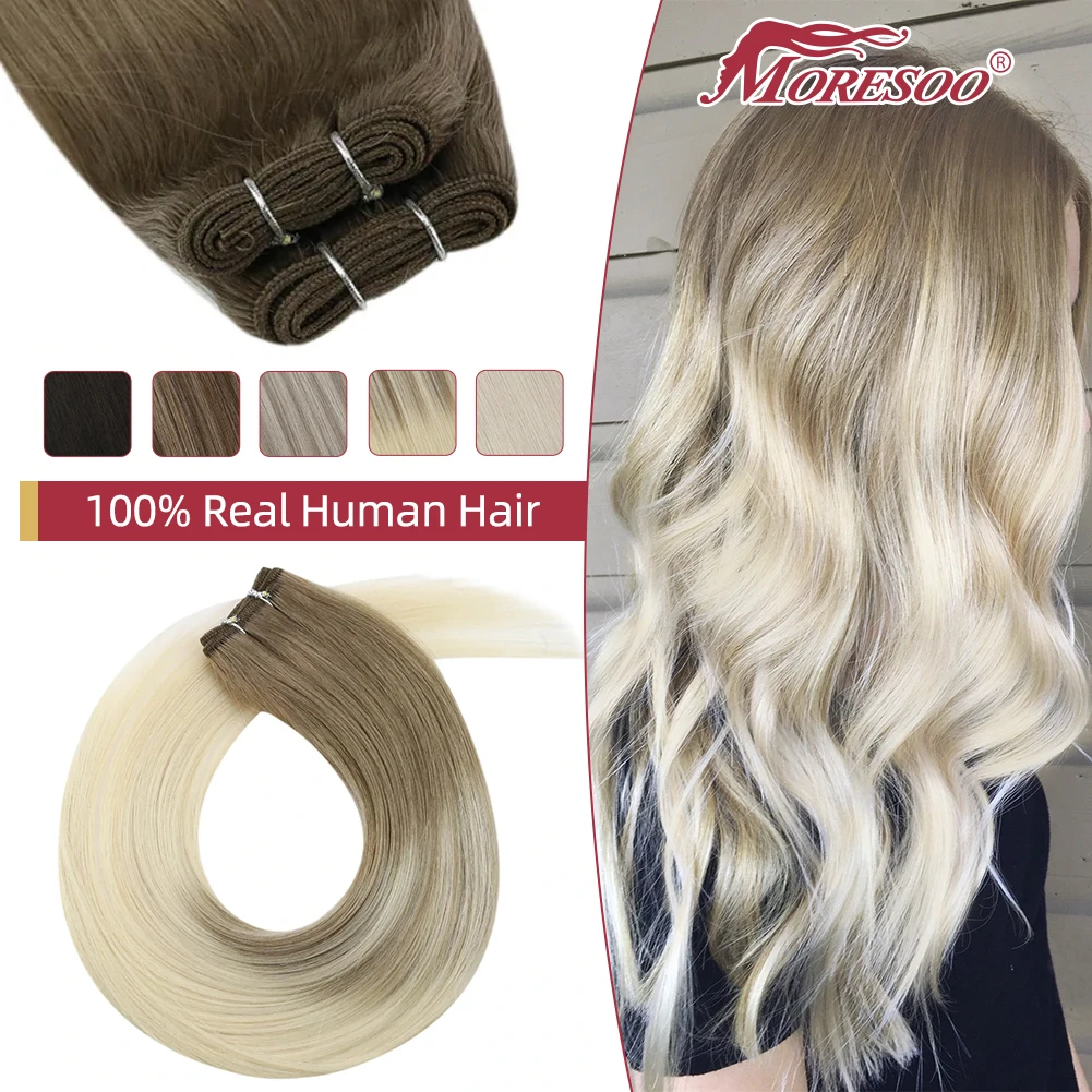 

Moresoo Hair Weft Virgin Human Hair 50G/100G 12 Months Invisible Seamless 100% Real Straight Hair Extensions Sew in Bundles