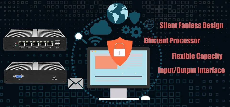 Причастником Мини ПК Мини Сервер Pfsense OS J1900 Четырехъядерный 4 LAN 1080P 12 В мини настольный компьютер маршрутизатор сервер