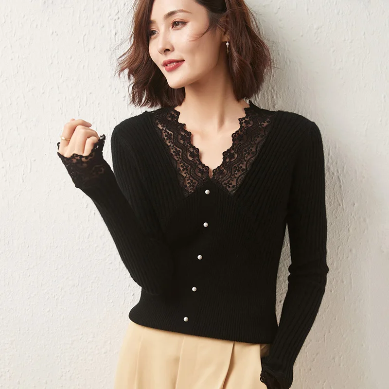 

2021 Autumn Winter Women's Cashmere Sweater New Lace Trim Knit Base Shirt 100%Pure Wool Slim Pullover V-Neck Wild ElasticityTop