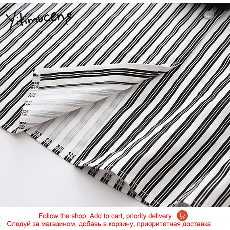 

Yitimuceng Vintage Striped Necktie Blouse Women Pockets Shirts Loose New Spring 2021 Turn-down Collar Long Sleeve Necktie Tops