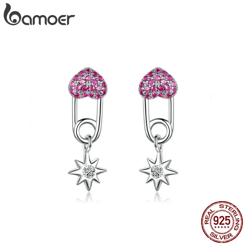BAMOER, серьги в форме сердца для женщин, 925 пробы, серебро, полностью проложенные, CZ звезда, серьги-капли, женские корейские украшения аксессуары BSE115