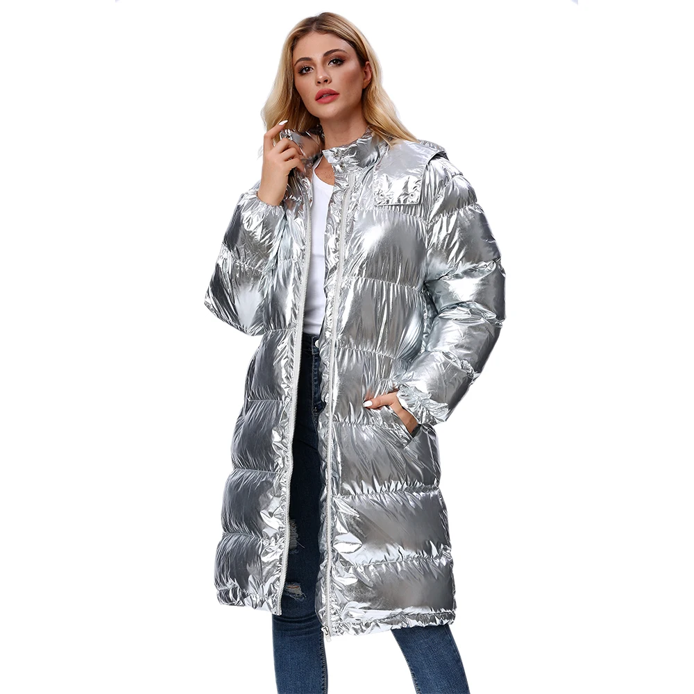 L77street Liizi Зимняя Толстая блестящая женская зимняя куртка серебряное длинное универсальное хлопковое пальто выше колена