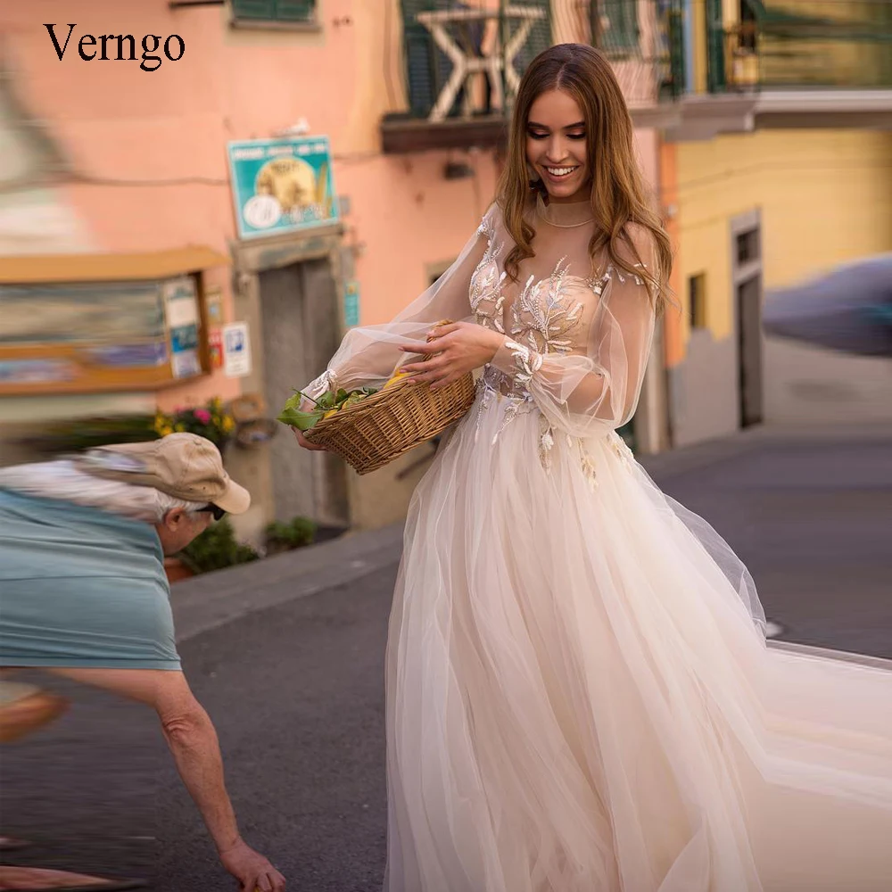 

Свадебное платье в стиле бохо Verngo, мягкое Тюлевое платье с объемным цветочным кружевом, с длинными рукавами-фонариками и высоким воротником...