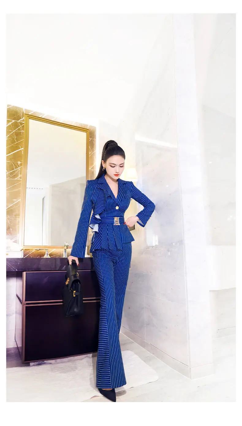 

Women 2021 Spring Autumn Blazer + Pant Two Piece Set Female Striped Long Sleeve Suit Jacket High Waist Pants Elegant Sets Z354