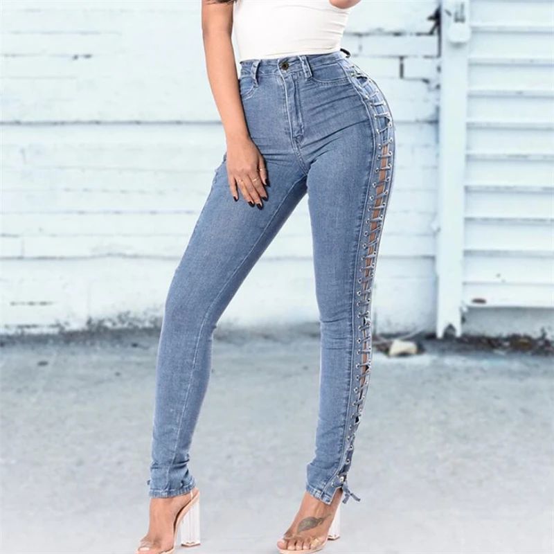 

Сексуальные полые джинсы для женщин, джинсы, женские узкие облегающие брюки-карандаш из денима с перекрестными шнурками, женские брюки