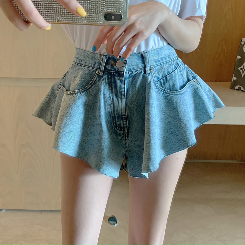 

Summer Scalloped Denim Hot Shorts Women Casual Beach Loose Shorts Cute High Waist Jean Shorts