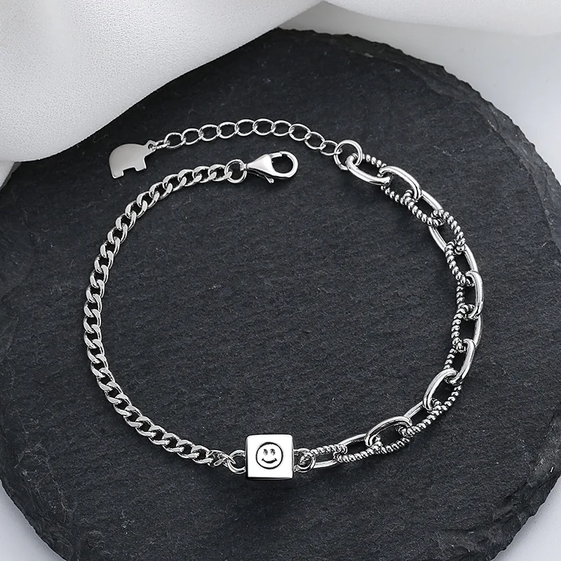 

S925 Sterling silver creative smiley face box Mosaic tank chain bracelet retro fashion trend women ins jewelry