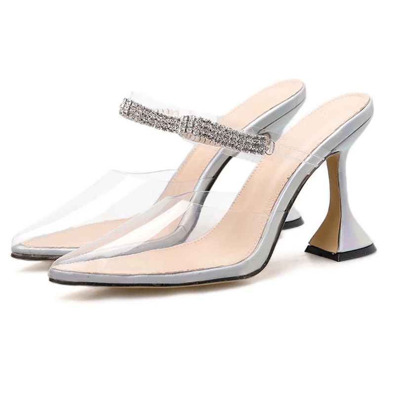 2020 размера плюс 42 женские шлепанцы без задника с кристаллами на высоком каблуке 9