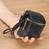 barrel shaped mini zipper style 4 colors option cowhide upper grain top layer leather coins lipsticks case cosmetic bag