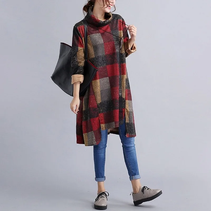 

Autumn Winter New Loose Plus Size Cotton Women Irregular Piled Collar Plaid Casual Dress
