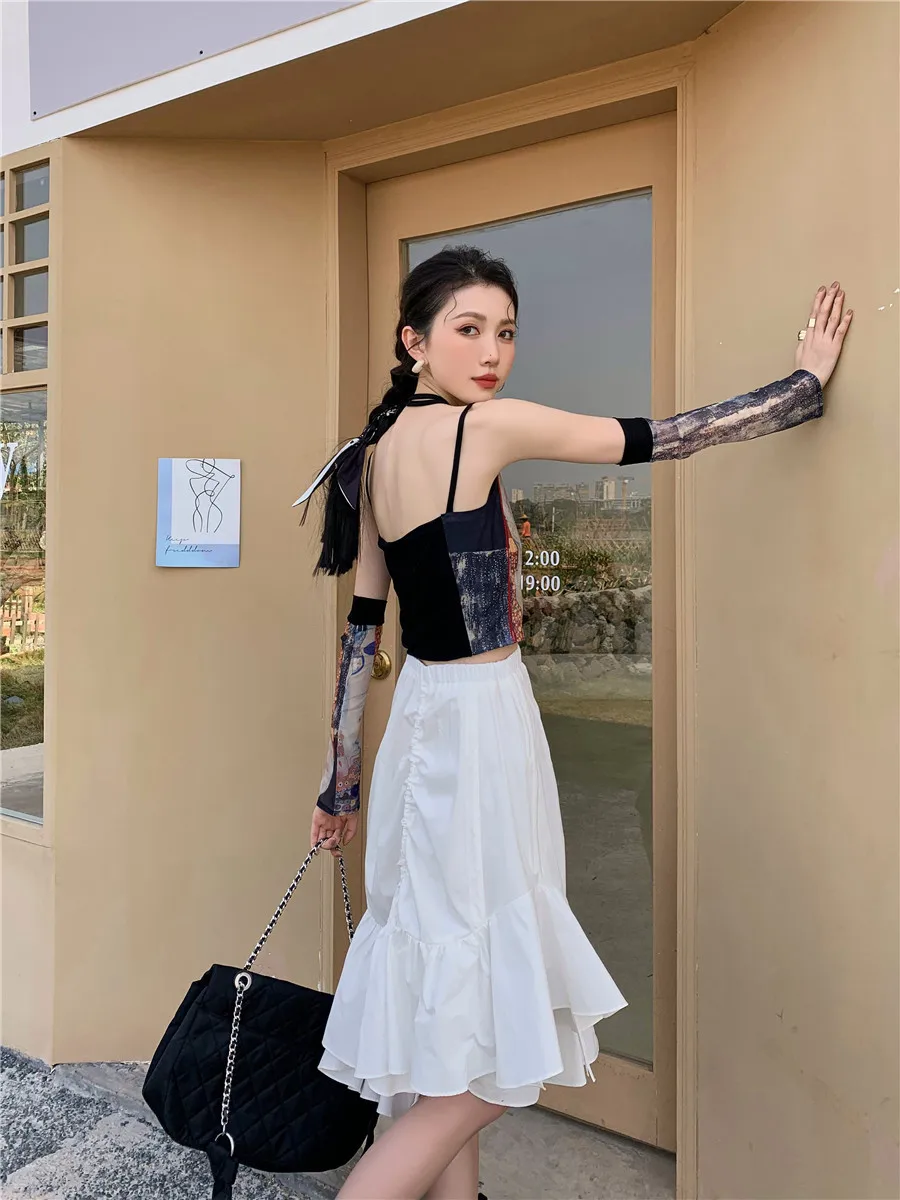 

ZCSMLL White Half Irregular Skirts Ruffled Irregular Drawstring Ruffled Fishtail Skirt Women All-match 2021 Spring Summer