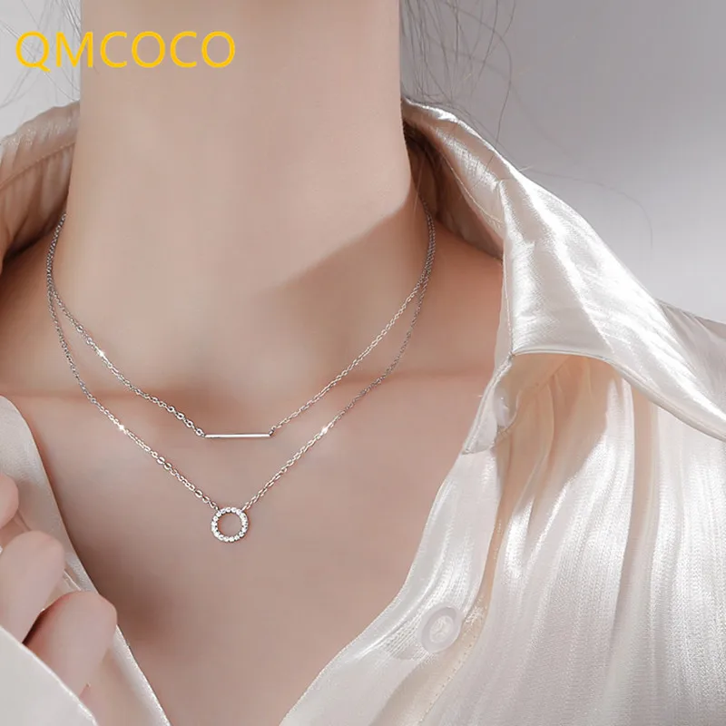 

QMCOCO 2021 New Silver Color Zircon Round-Shape Pendant Necklace For Women Double Layer Clavicle Chain Necklace Party Gifts