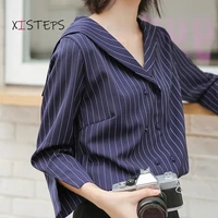 double breasted chiffon casual shirts women striped sailor collar nine quarter sleeve blouses office lady tops clothings 2021
