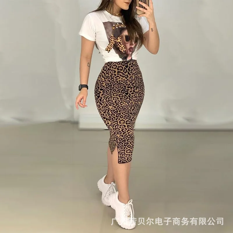 

WEPBEL New 2pcs Clothing Suit Short Sleeve Leopard Print Clothes Set T Shirt + Skirt High Waist Sexy Fashion Summer Casual Women