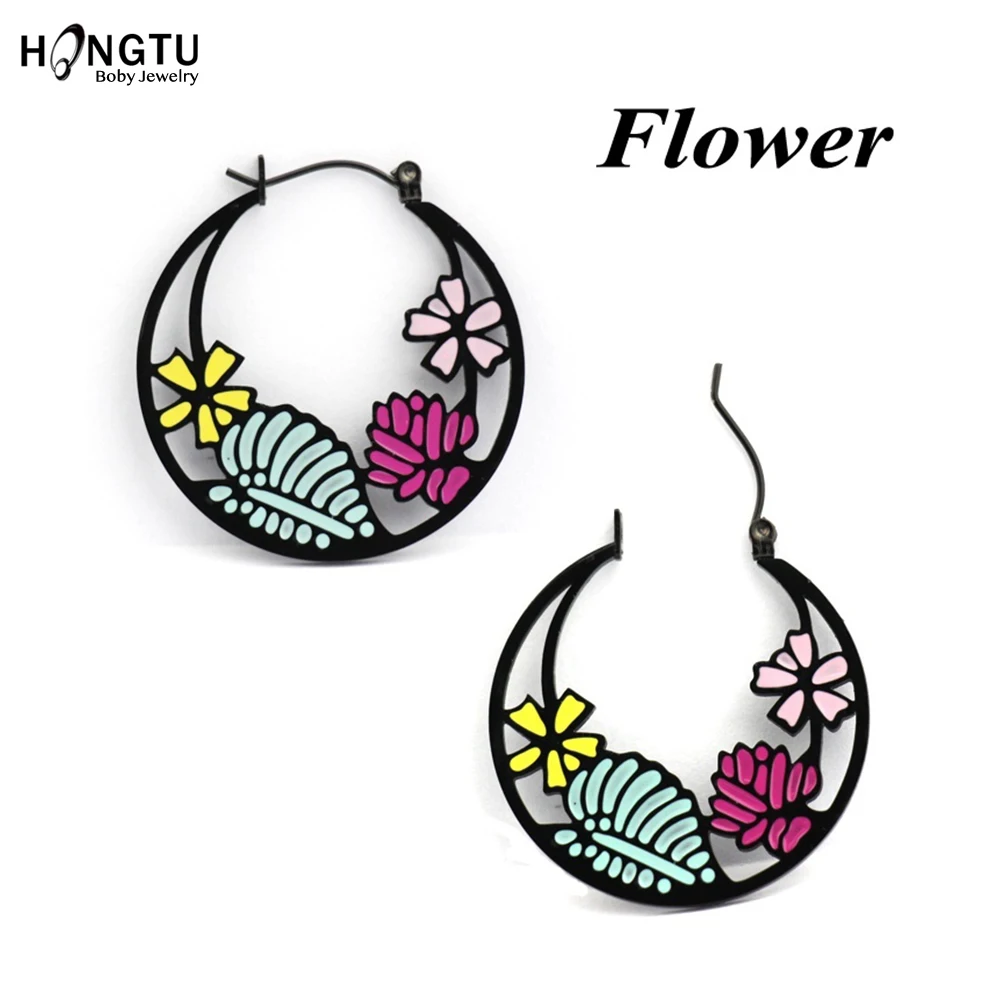 SD50004FW-2pcs HONGTU, 1 пара, Pendientes Mujer, серьги-кольца, нержавеющая сталь, черный цвет, кошка/Череп/цветок/паук, женские серьги, ювелирные изделия - Окраска металла: SD50004FW-2pcs