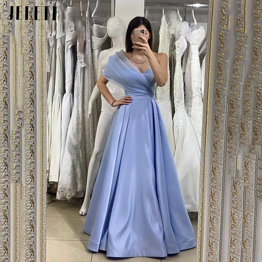 JEHETH Sky Blue Long One Shoulder Satin Prom Dresses A Line Backless Party Evening Arabic Gown Floor Length robes de soirée 2022