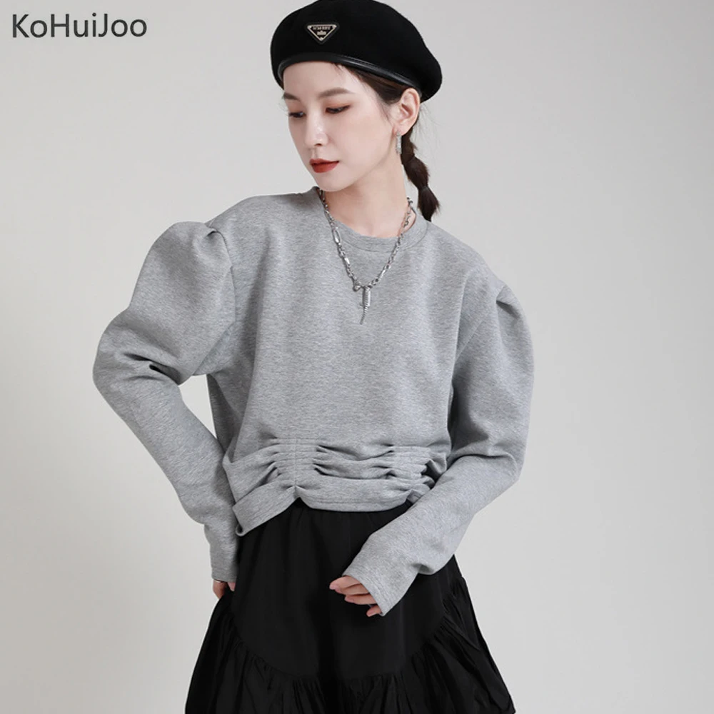 

Короткий Свитшот женский KoHuiJoo, с круглым вырезом, с длинным рукавом