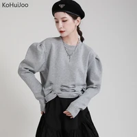 kohuijoo short hoodies sweatshirts women o neck pleated long sleeve pullover loose fashion girls streetwear autumn sport top