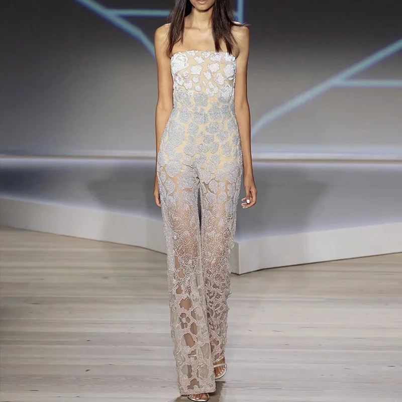 

2019 European and American New Women's AliExpress Popular Sexy Boob Tube Top Perspective Trousers Sleeveless Jumpsuit