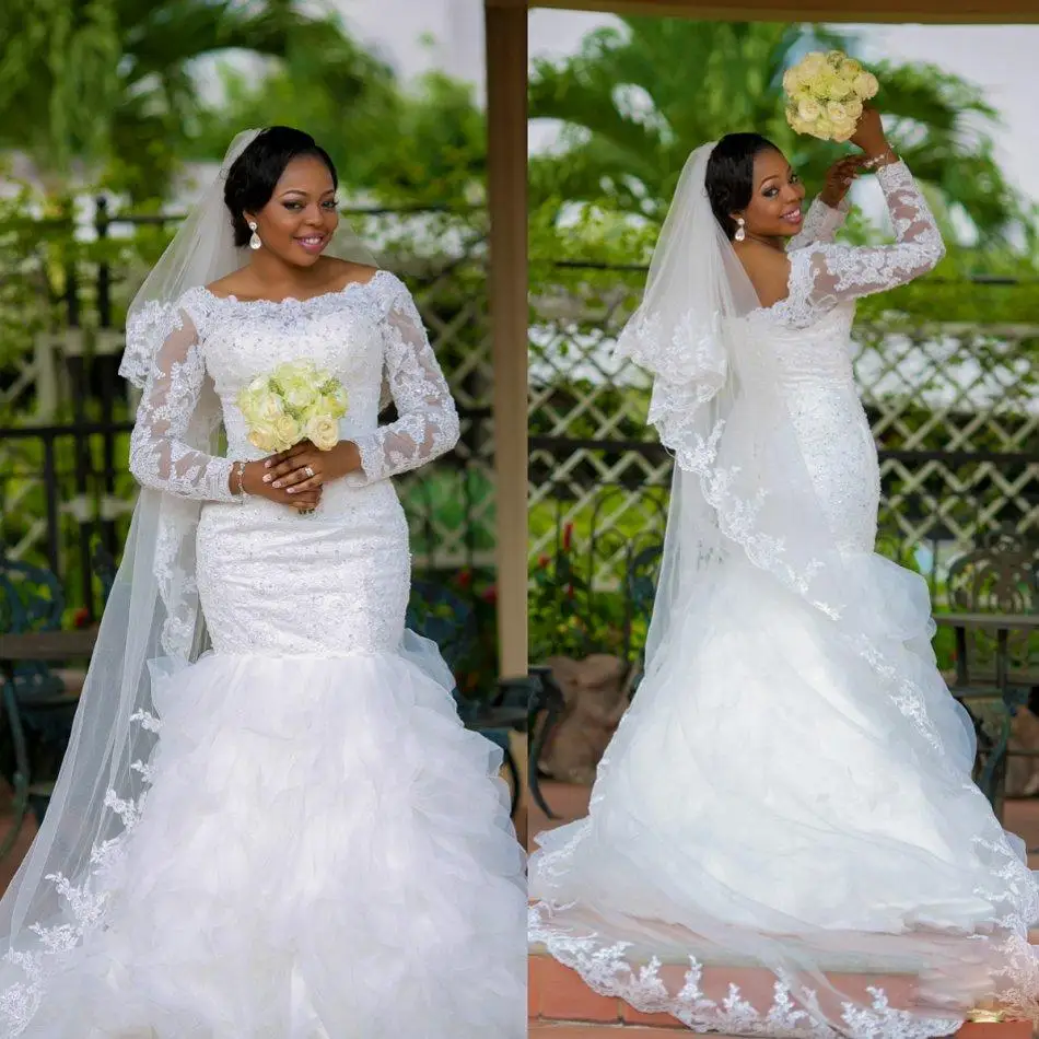 

New Sheer Lace Long Sleeves Made To Measure Plus Size Black African Women Fish Tail Mermaid Wedding Dresses Bridal Gowns