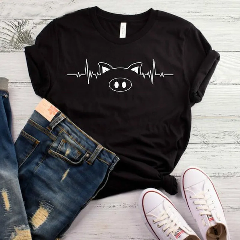 

Women T Shirt Pig Heartbeat Print Tshirt Women Short Sleeve O Neck Loose T-shirt Ladies Causal Tee Shirt Clothes Tops