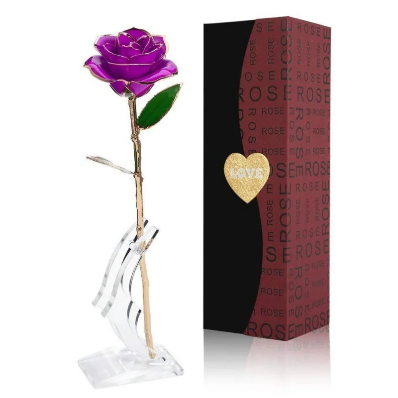 

24K Gold Foil Long Stem Trim Rose Flower Romantic Gift For The Loved One Mothers' Day Gifts (With Bracket)