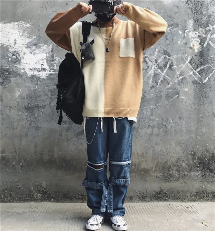 Winter Turtleneck Sweater Men's Warm Fashion Contrast Casual Knit Pullover Men Streetwear Hip Hop Knitting Sweaters Male Clothes