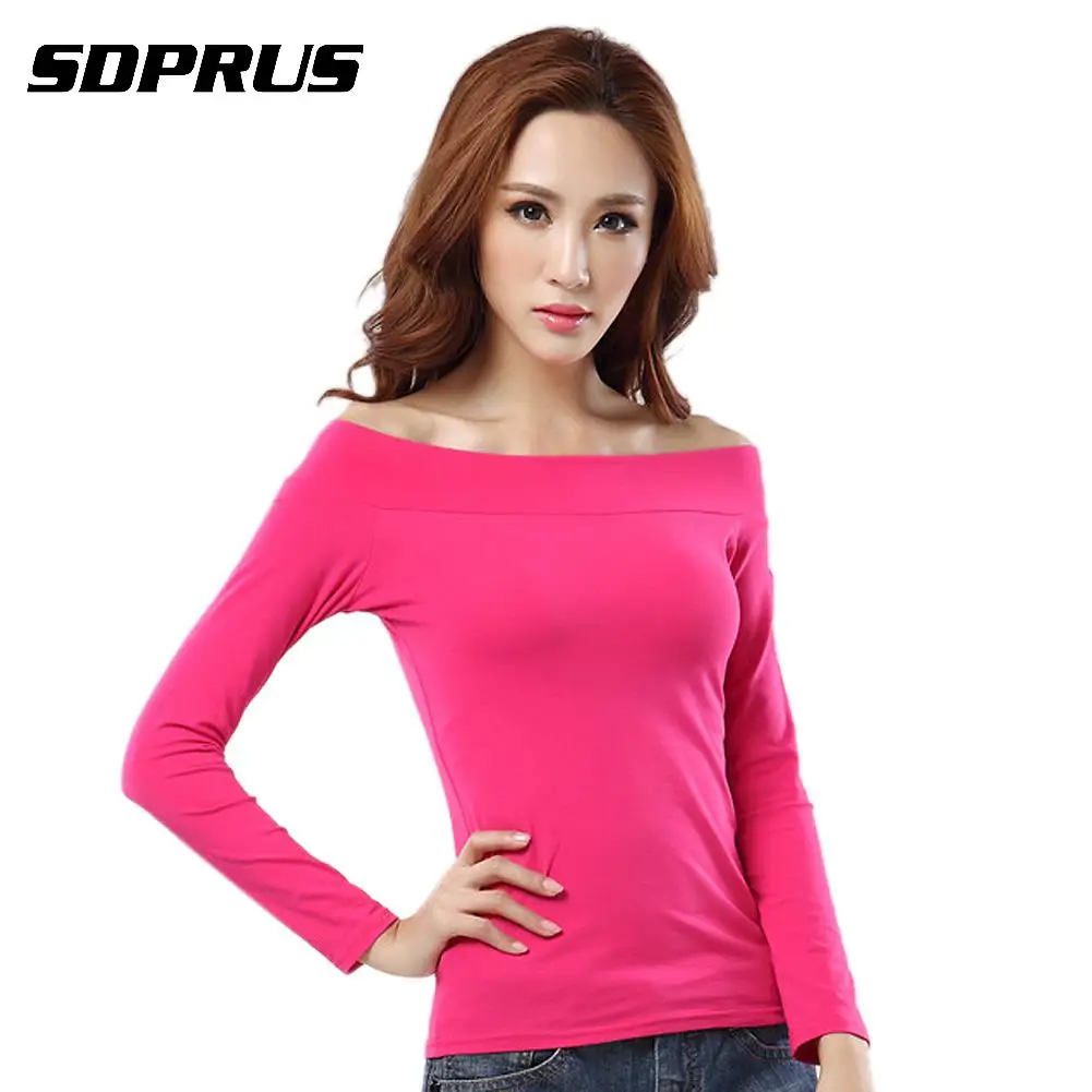 

Fashion slash neck Sexy Women Cotton Blouse Off Shoulder Long Sleeve Casual full regular long Shirt Tops black/Rose