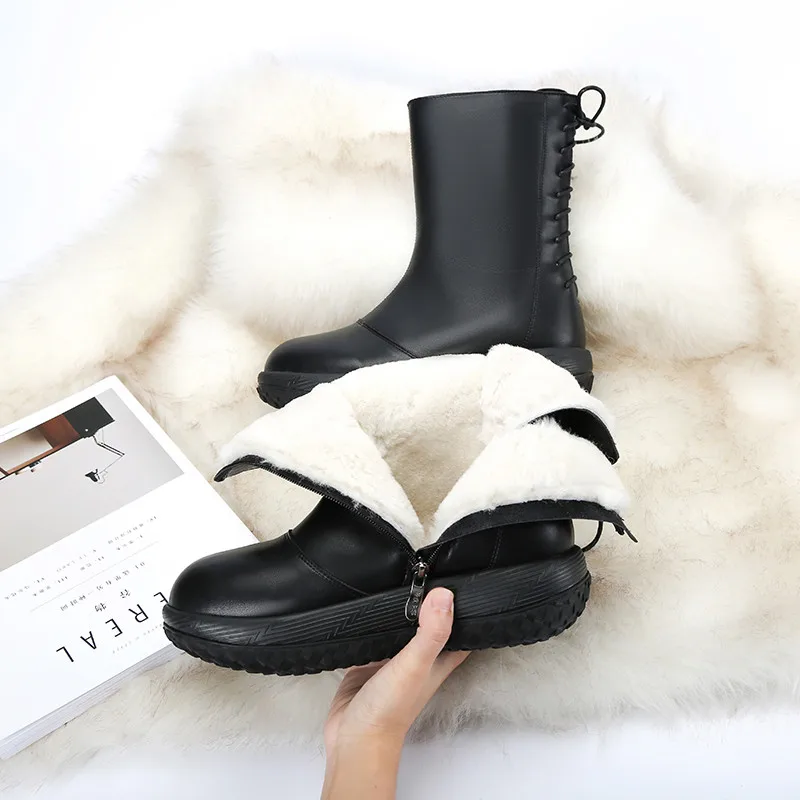 

Asumer 2021 hot sale genuine leather ankle boots women nature wool warm winter shoes comfortable flat platform snow boots woman